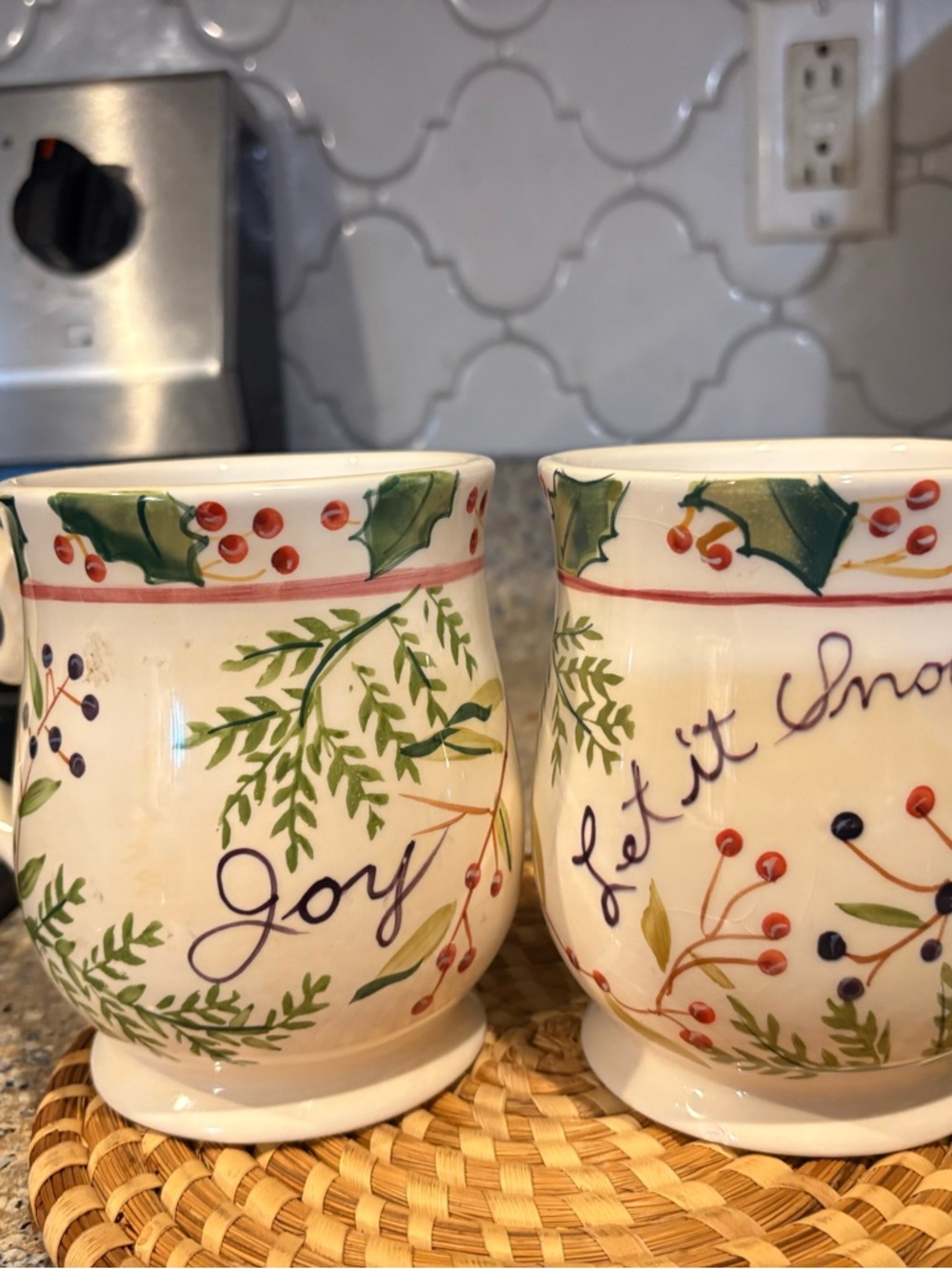 Holiday 'Joy' Ceramic Mug Set in Cream with Green and Red Accents